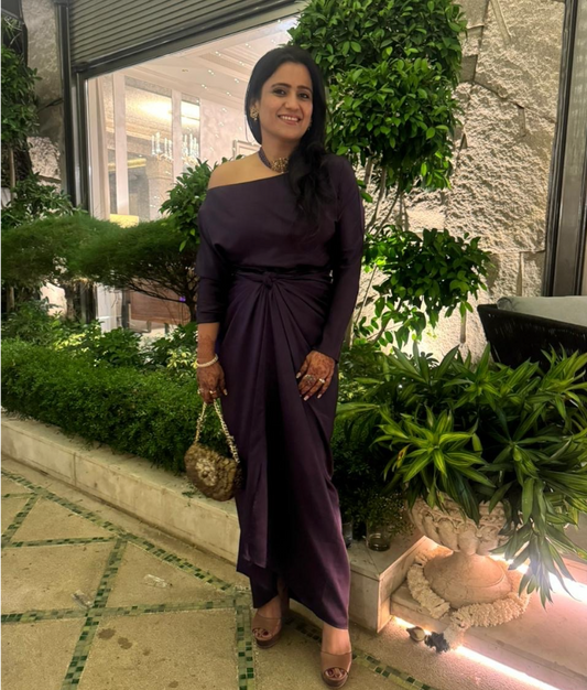 Graceful Purple Satin One-Shoulder Top with Tie-Knot Dhoti