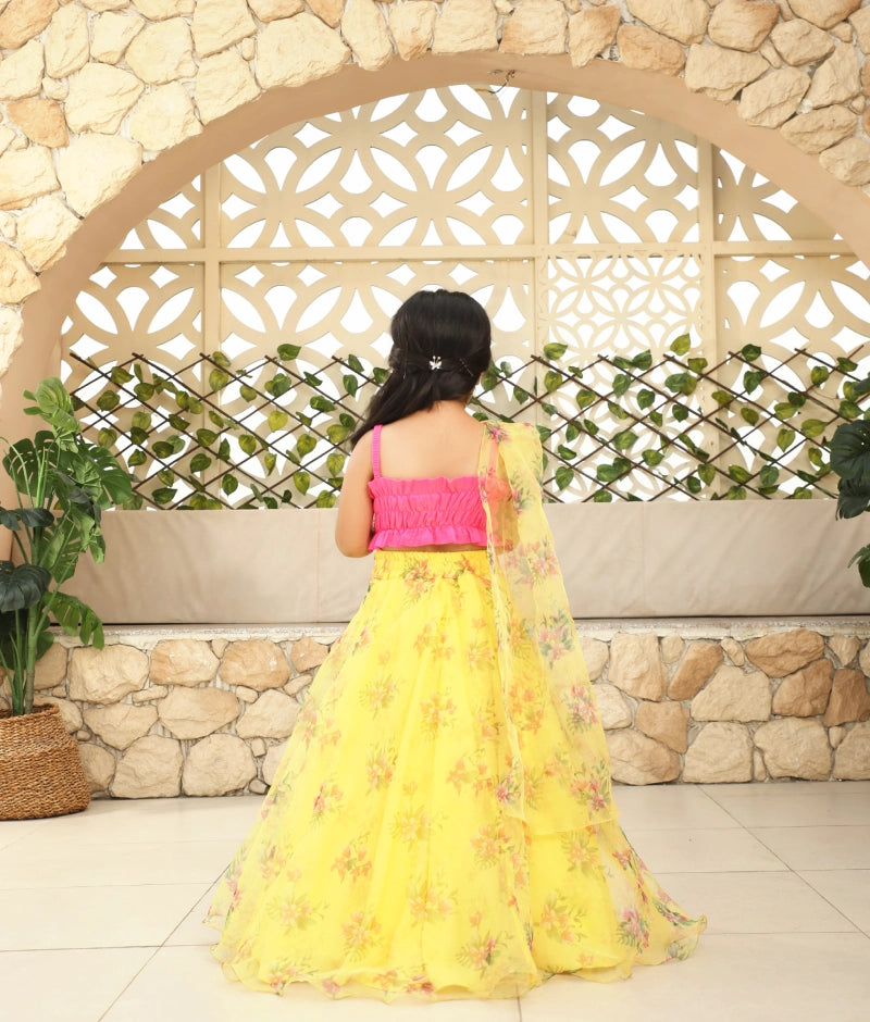 Yellow Tassel Choli with Printed Lehenga for Girls