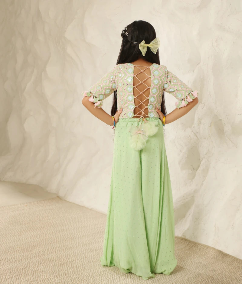 Lush Elegance: Green Mirror-Embroidered Plazzo Pant set