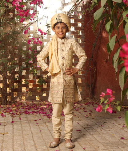 Golden Embroidered Achkan for Boys