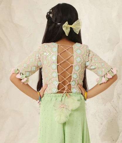 Lush Elegance: Green Mirror-Embroidered Plazzo Pant set