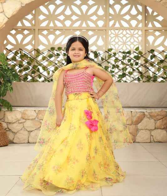 Yellow Tassel Choli with Printed Lehenga for Girls