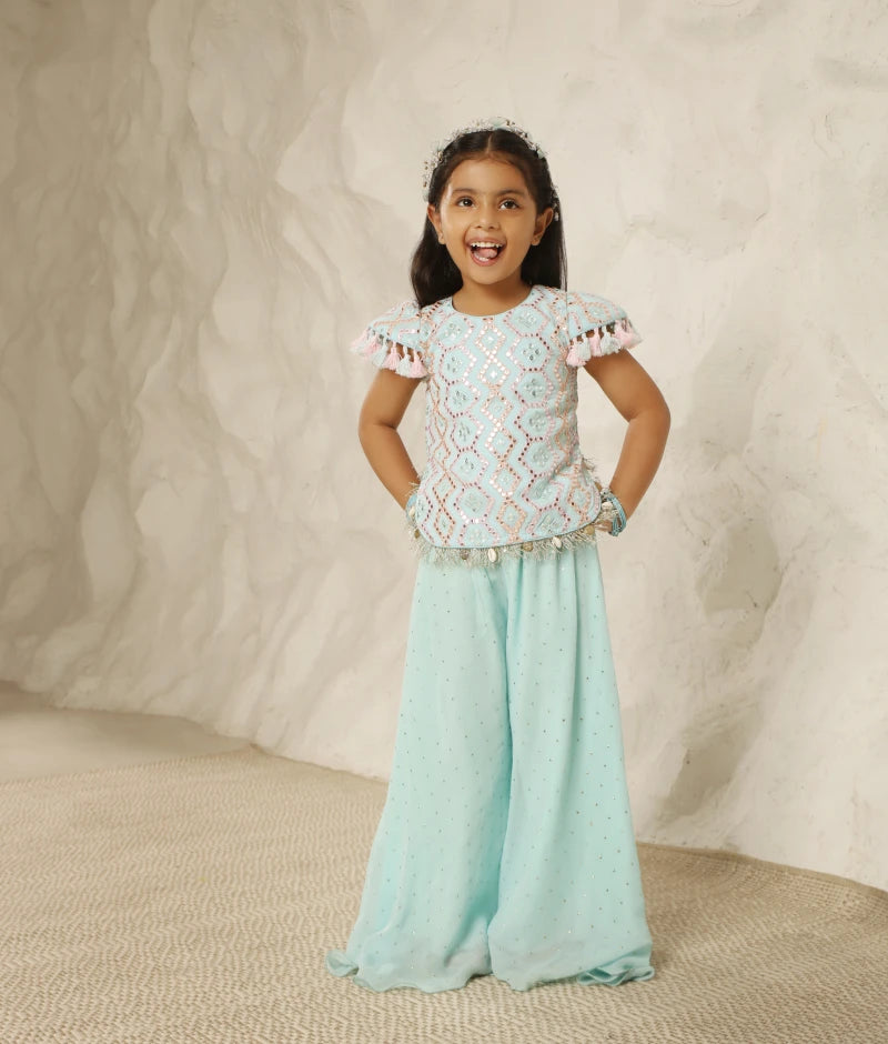 Radiant Azure: Blue Mirror-Embroidered Plazzo Pant set