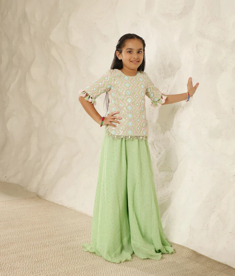 Lush Elegance: Green Mirror-Embroidered Plazzo Pant set