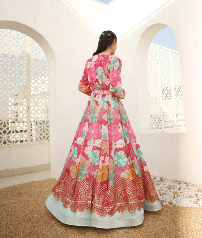 Aqua Blue Silk Lehenga with Choli Printed Jacket for Girls