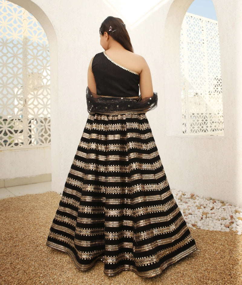 Black Sequins Lehenga Choli Dupatta for Girls