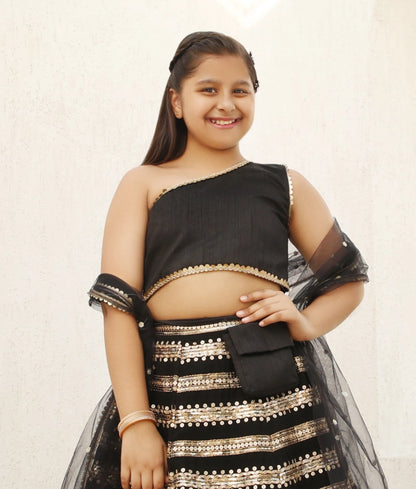 Black Sequins Lehenga Choli Dupatta for Girls