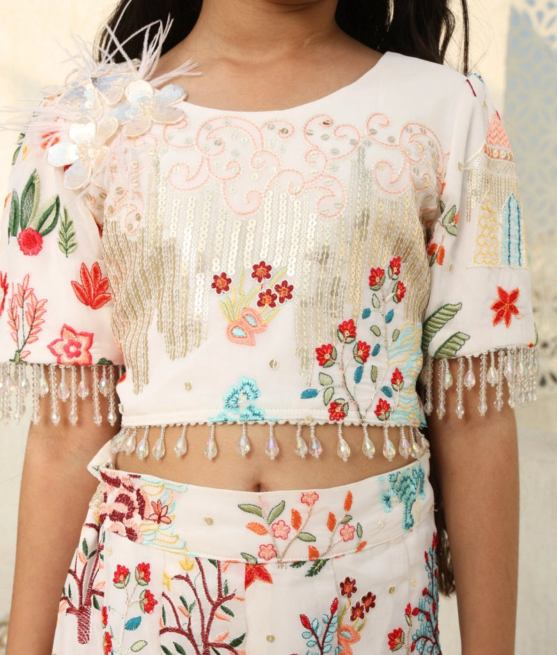 White Embroidered Crop top with Plazzo