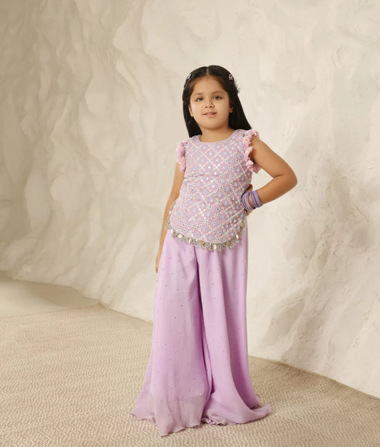 Lilac Dream: Mirror Embroidered Top & Plazzo Pant Set