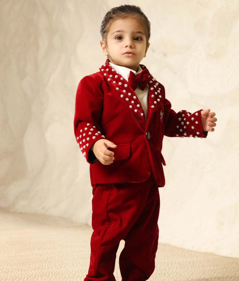 Maroon Velvet Coat with Shirt and Pant