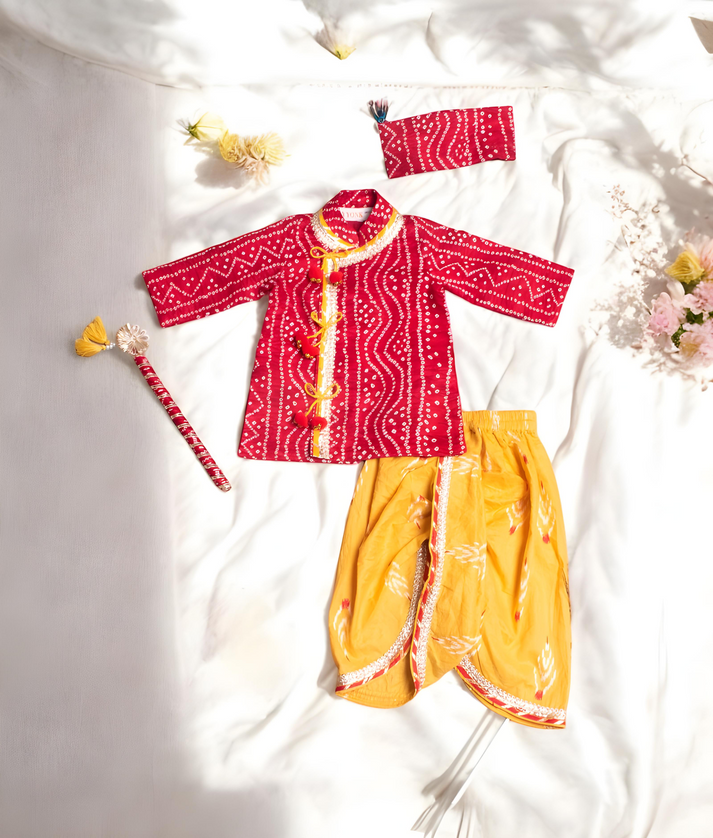 Red Bandhej Kurta with Dhoti