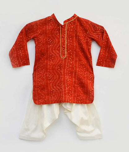 Red Bandhej Kurta Off white Salwar for Boys