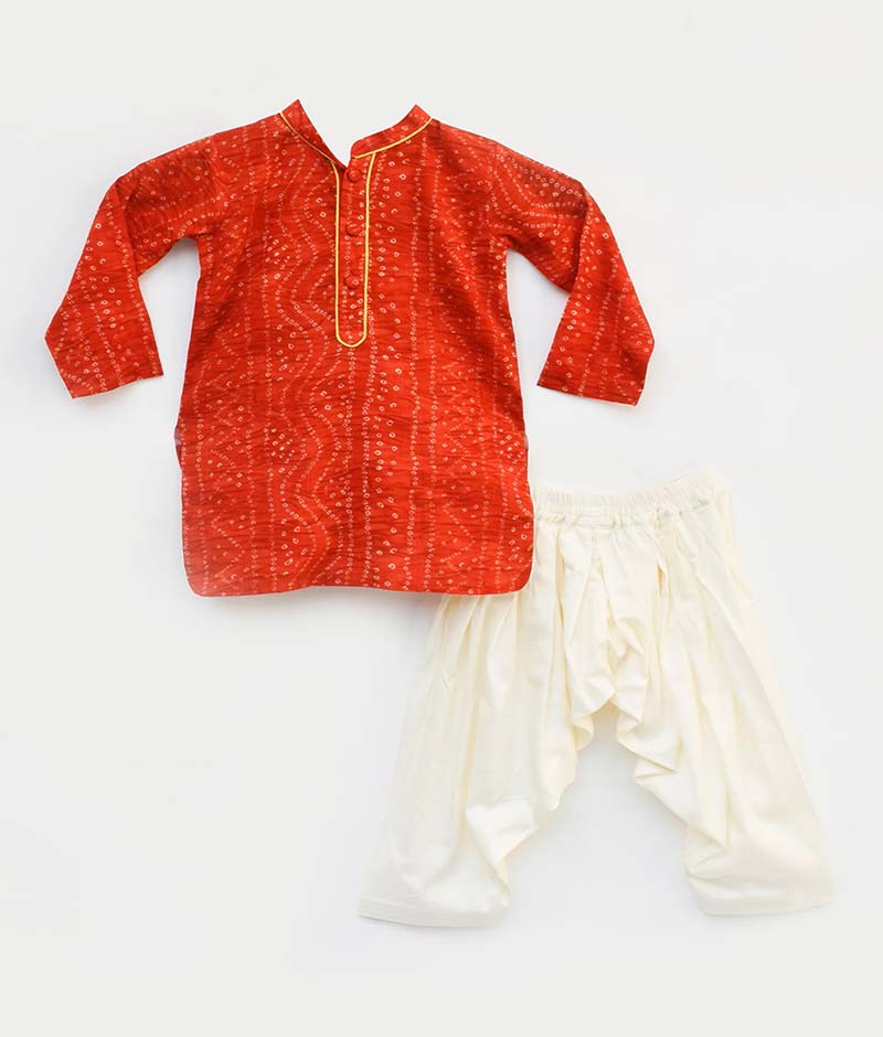 Red Bandhej Kurta Off white Salwar for Boys