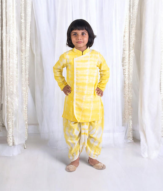 Yellow Tie & Dye Kurta With Dhoti