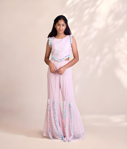 Manufactured by FAYON KIDS (Noida, U.P) Baby Pink Embroidered Crop Top with Plazzo Pant for Girls