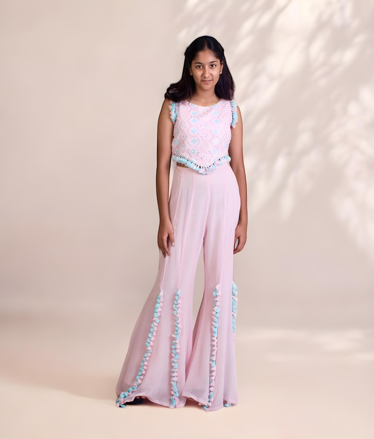 Manufactured by FAYON KIDS (Noida, U.P) Baby Pink Embroidered Crop Top with Plazzo Pant for Girls