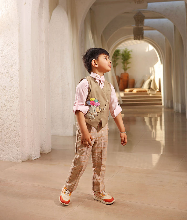 Manufactured by FAYON KIDS (Noida, U.P) Beige Waist Coat with Shirt and Pant for Boys