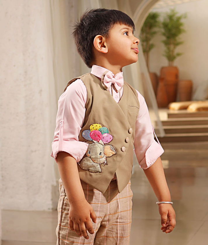 Manufactured by FAYON KIDS (Noida, U.P) Beige Waist Coat with Shirt and Pant for Boys