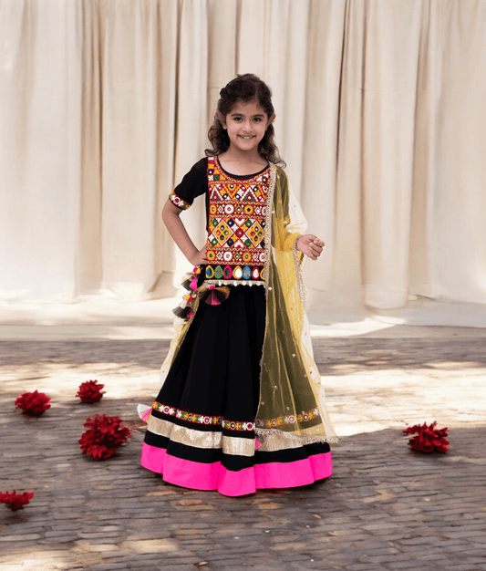 Manufactured by FAYON KIDS (Noida, U.P) Black Garba Mirror Kutchi Patchwork Choli with Lehenga – Navratri Special