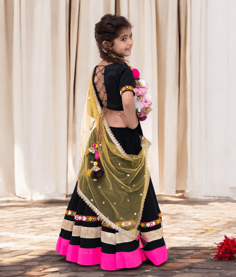 Manufactured by FAYON KIDS (Noida, U.P) Black Garba Mirror Kutchi Patchwork Choli with Lehenga – Navratri Special