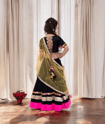 Manufactured by FAYON KIDS (Noida, U.P) Black Garba Mirror Kutchi Patchwork Choli with Lehenga – Navratri Special