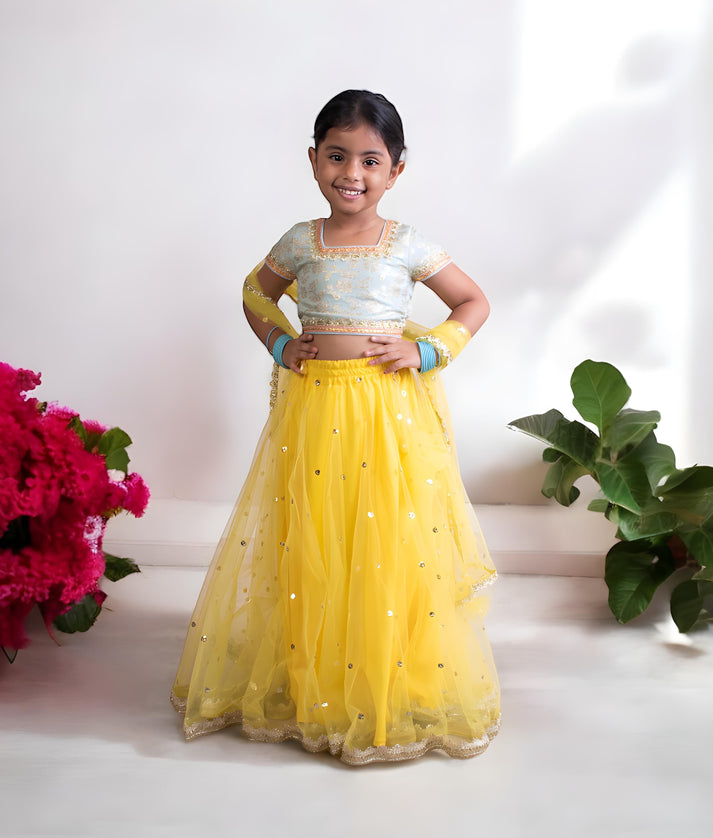 Manufactured by FAYON KIDS (Noida, U.P) Blue Brocade Choli with Lehenga