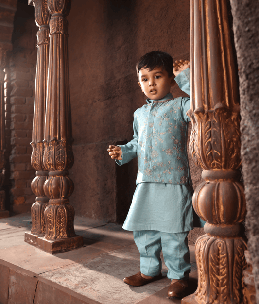 Manufactured by FAYON KIDS (Noida, U.P) Blue Embroidered Nehru Jacket with Kurta and Pant