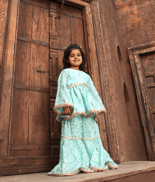 Manufactured by FAYON KIDS (Noida, U.P) Blue Embroidery Kurti Sharara for Girls