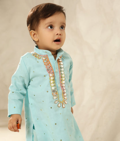 Manufactured by FAYON KIDS (Noida, U.P) Blue Faux Mukaish Kurta with Pant for Boys