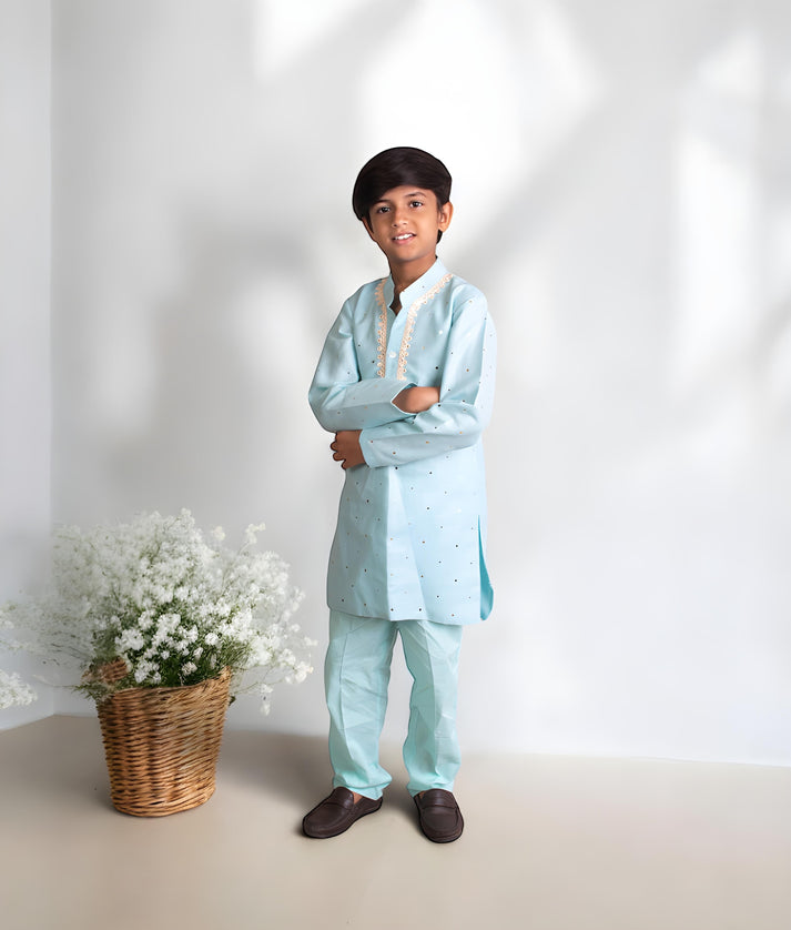 Manufactured by FAYON KIDS (Noida, U.P) Blue Faux Mukaish Work Kurta with Pant