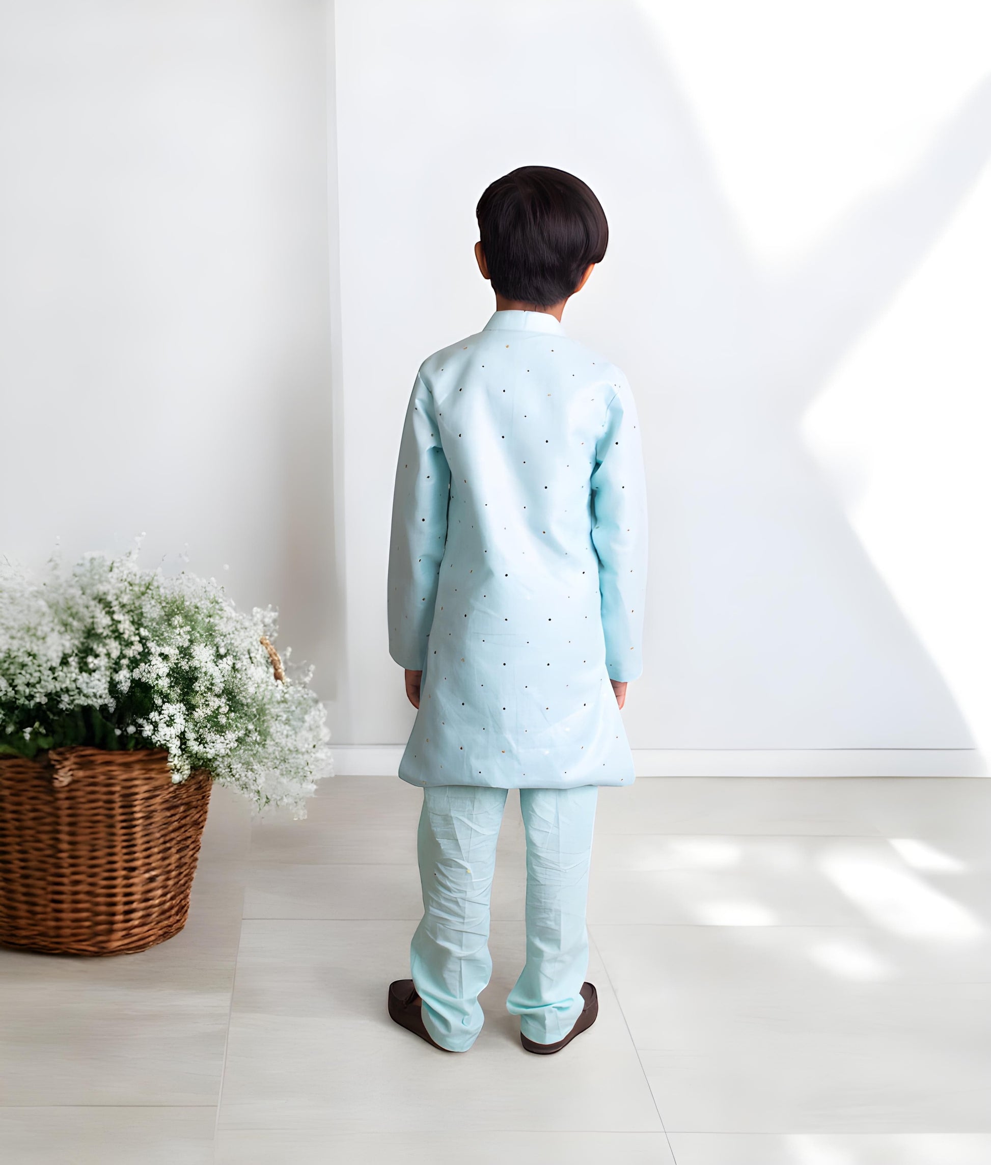 Manufactured by FAYON KIDS (Noida, U.P) Blue Faux Mukaish Work Kurta with Pant