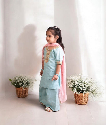 Manufactured by FAYON KIDS (Noida, U.P) Blue Faux Mukaish Work Kurti Sharara Set