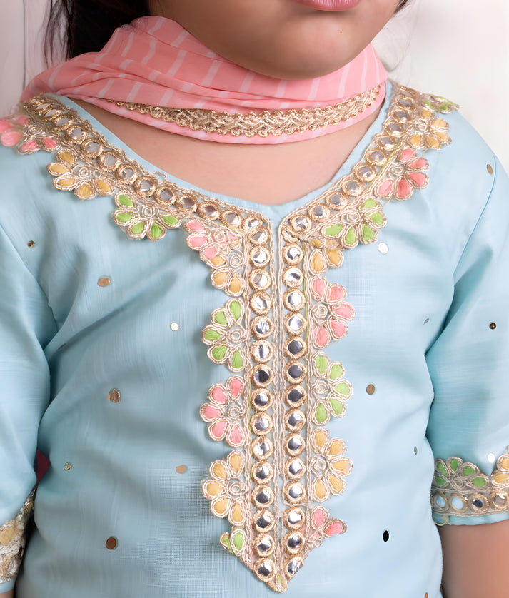 Manufactured by FAYON KIDS (Noida, U.P) Blue Faux Mukaish Work Kurti Sharara Set