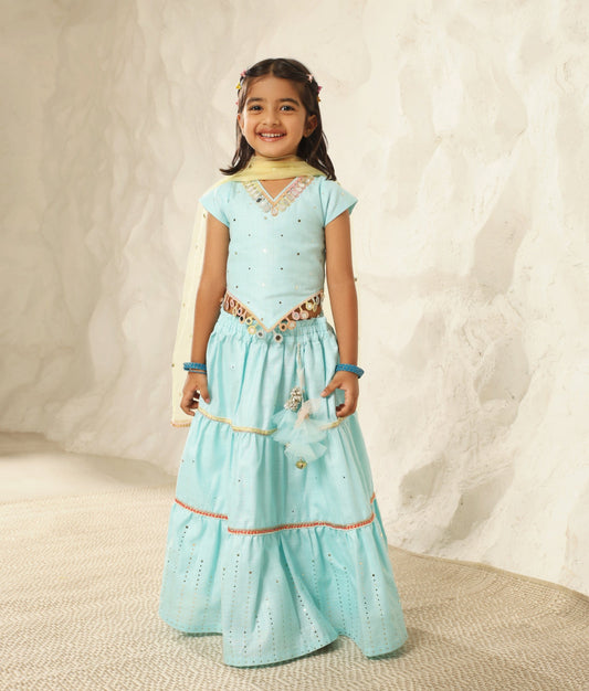 Manufactured by FAYON KIDS (Noida, U.P) Blue Faux Mukaish work Top and Skirt