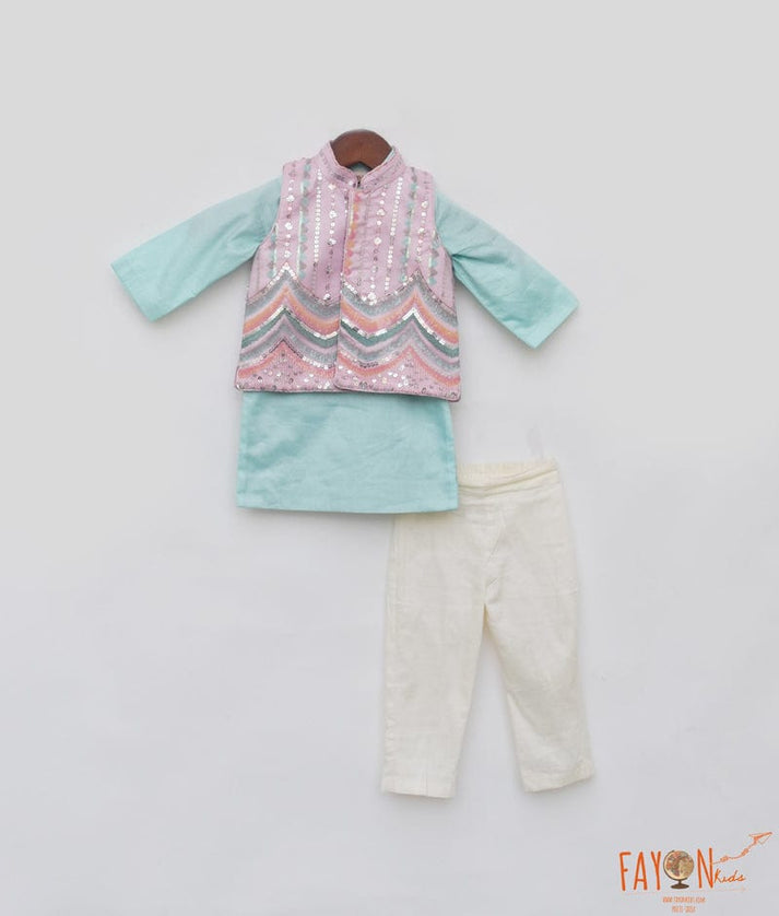 Manufactured by FAYON KIDS (Noida, U.P) Blue Kurta with Pink Embroidery Nehru Jacket Set for Boys