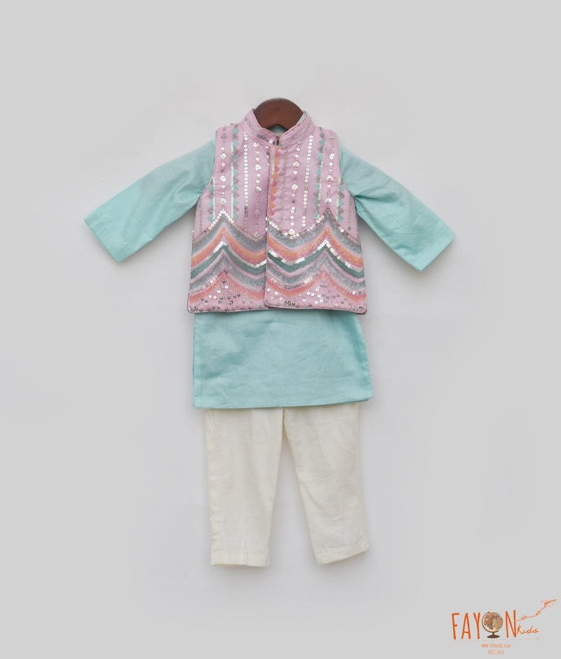 Buy Light Pink Linen Blend Kurta Pajama With Blue Jacket