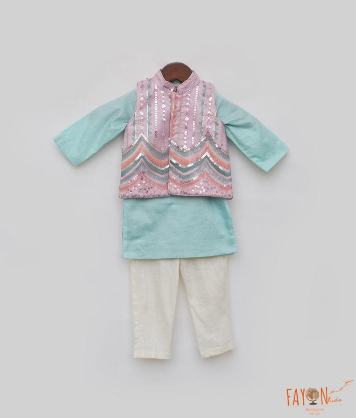 Manufactured by FAYON KIDS (Noida, U.P) Blue Kurta with Pink Embroidery Nehru Jacket Set for Boys