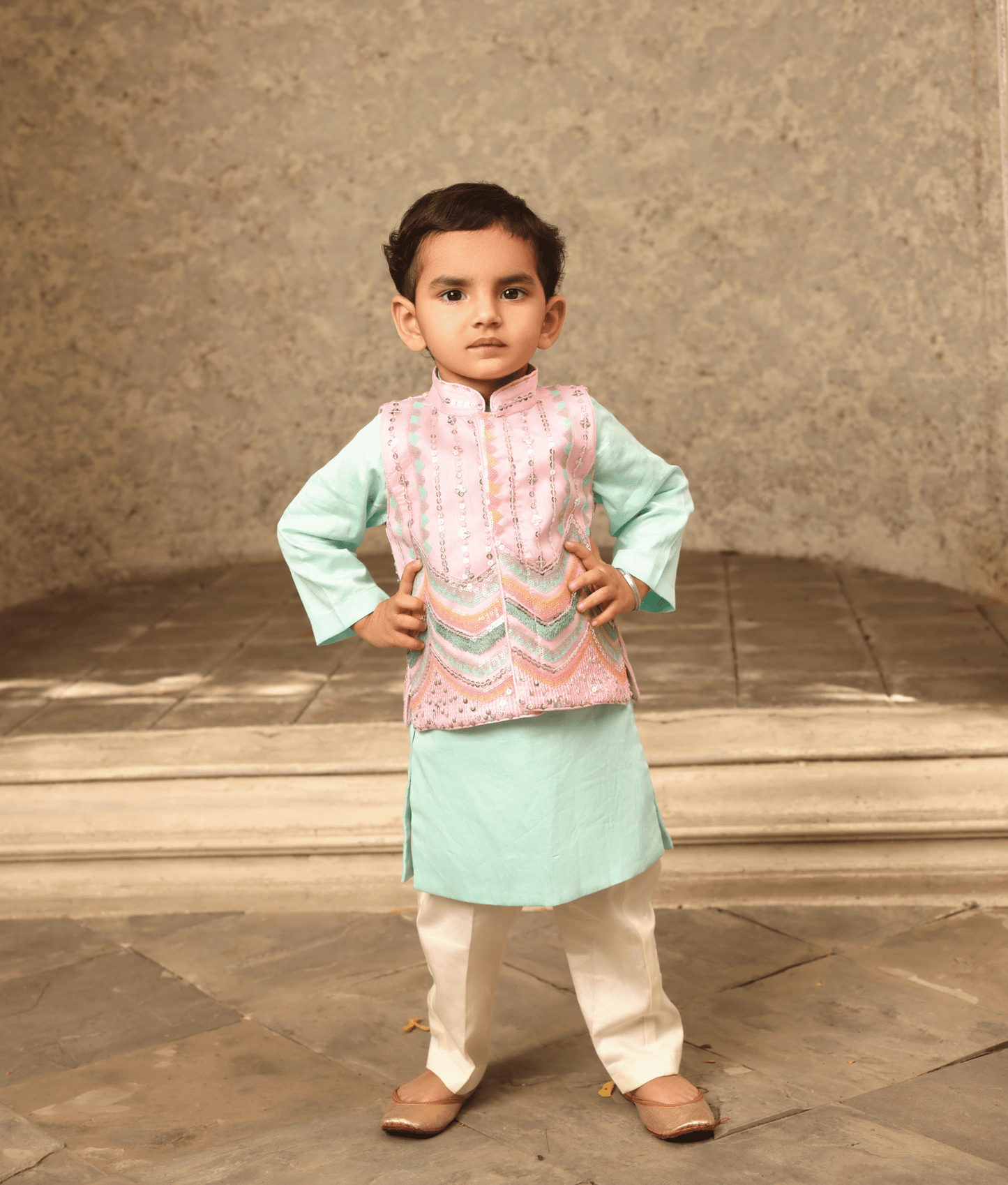 Manufactured by FAYON KIDS (Noida, U.P) Blue Kurta with Pink Embroidery Nehru Jacket Set for Boys