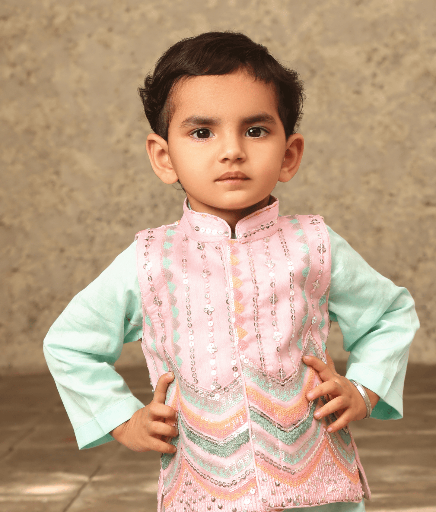 Manufactured by FAYON KIDS (Noida, U.P) Blue Kurta with Pink Embroidery Nehru Jacket Set for Boys