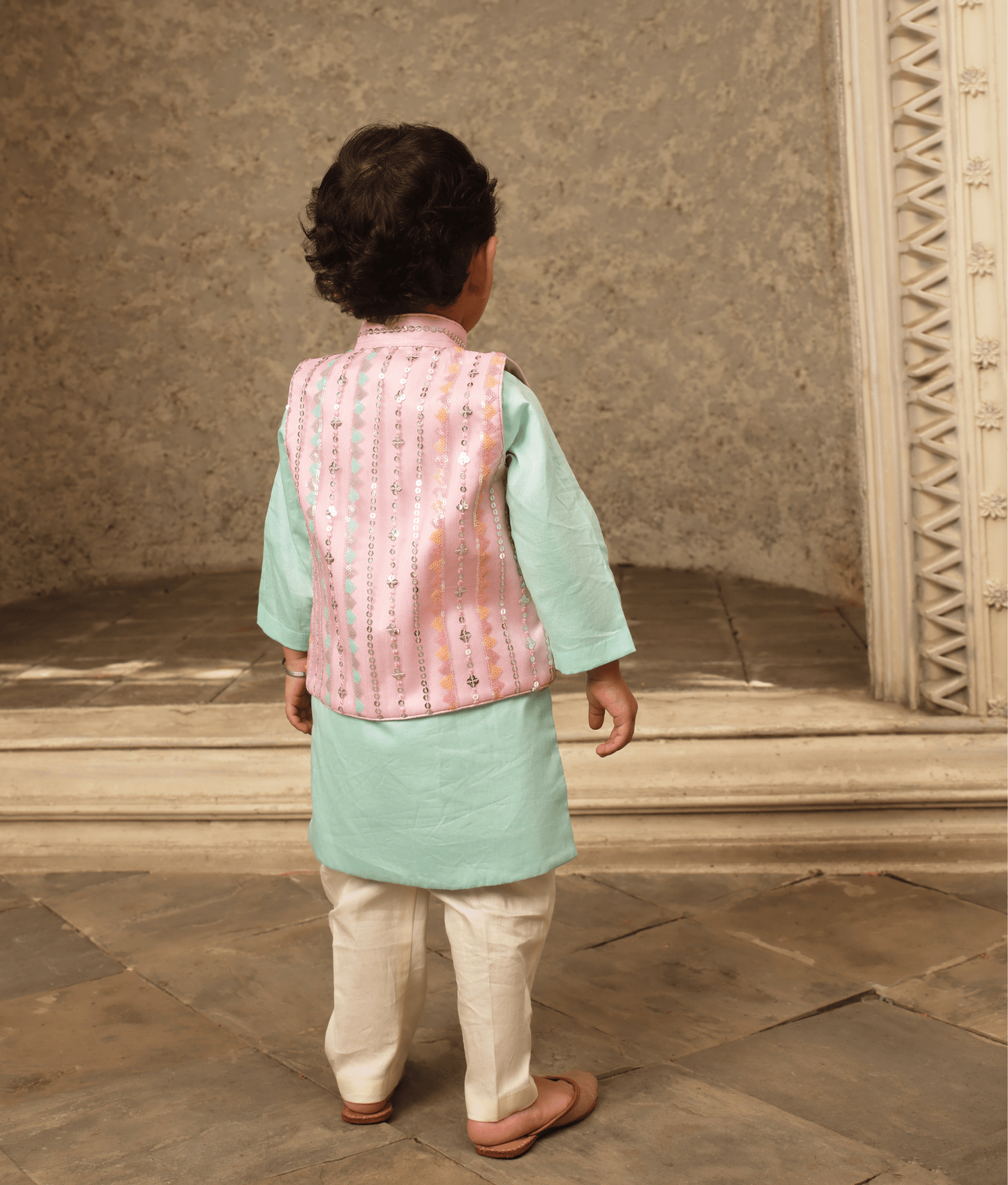 Manufactured by FAYON KIDS (Noida, U.P) Blue Kurta with Pink Embroidery Nehru Jacket Set for Boys