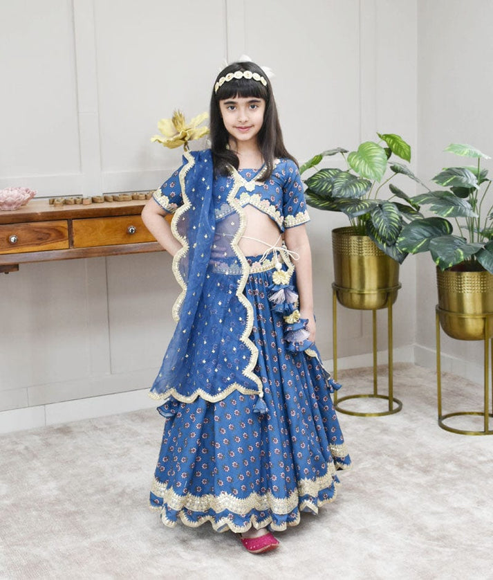 Blue Printed Lehenga Choli and Dupatta for Girls