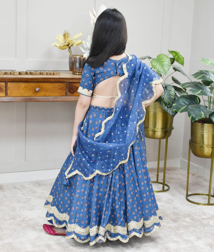 Blue Printed Lehenga Choli and Dupatta for Girls