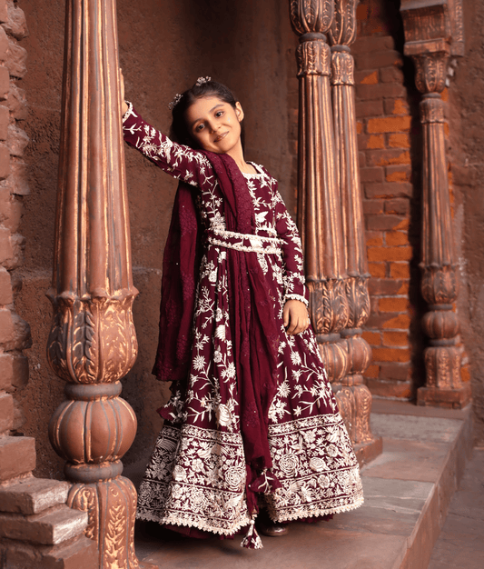 Manufactured by FAYON KIDS (Noida, U.P) Burgundy Parsi work Anarkali