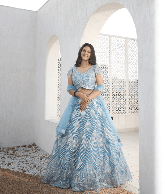 Manufactured by FAYON KIDS (Noida, U.P) Celestial Blue: Embroidered Lehenga Set