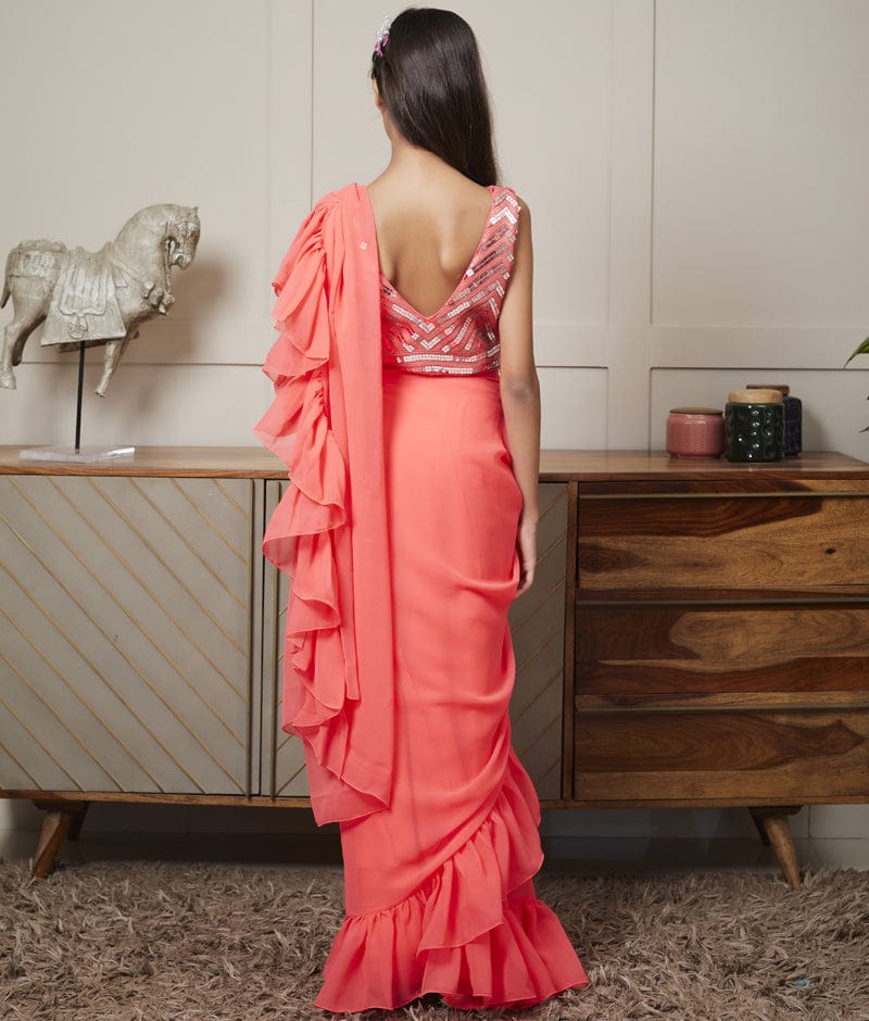 Luscious Light Peach Silk Saree with Red Blouse