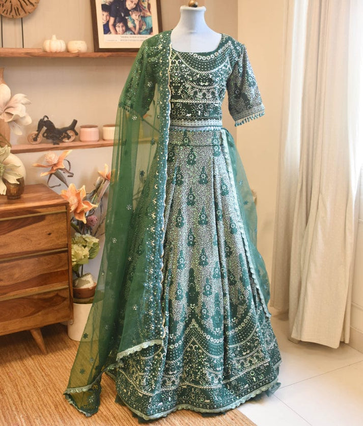 Emerald Elegance: Green Embroidered Lehenga Choli Set