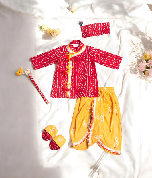 Manufactured by FAYON KIDS (Noida, U.P) Festive Red: Bandhej Kurta with Dhoti