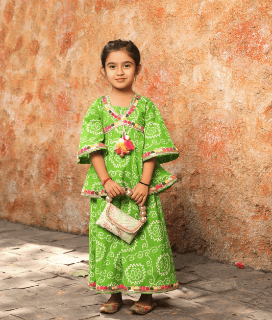 Manufactured by FAYON KIDS (Noida, U.P) Green Bandhaj Kurti Sharara for Girls