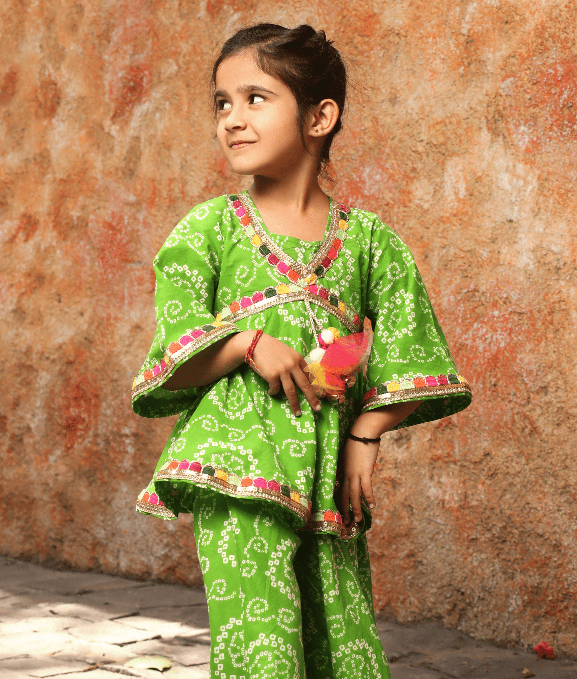 Green Bandhej Kurti Sharara for Girls