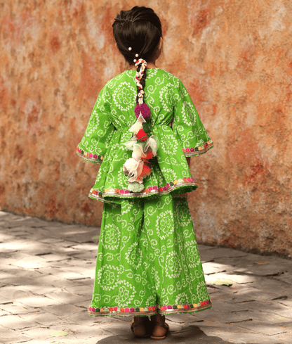 Green Bandhej Kurti Sharara for Girls